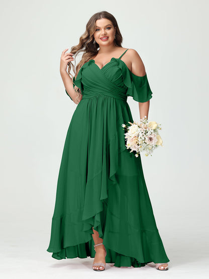 A-Linie/Princess-Linie Spaghettiträger V-Ausschnitt Kurze Ärmel Chiffon Rüschen Asymmetrisch Brautjungfernkleider In Übergröße