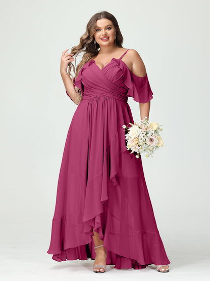 A-Linie/Princess-Linie Spaghettiträger V-Ausschnitt Kurze Ärmel Chiffon Rüschen Asymmetrisch Brautjungfernkleider In Übergröße