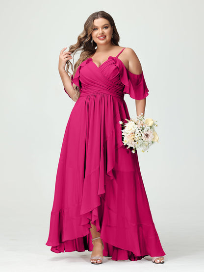 A-Linie/Princess-Linie Spaghettiträger V-Ausschnitt Kurze Ärmel Chiffon Rüschen Asymmetrisch Brautjungfernkleider In Übergröße
