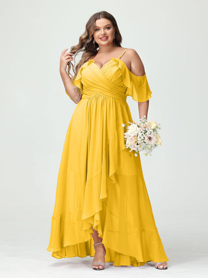 A-Linie/Princess-Linie Spaghettiträger V-Ausschnitt Kurze Ärmel Chiffon Rüschen Asymmetrisch Brautjungfernkleider In Übergröße