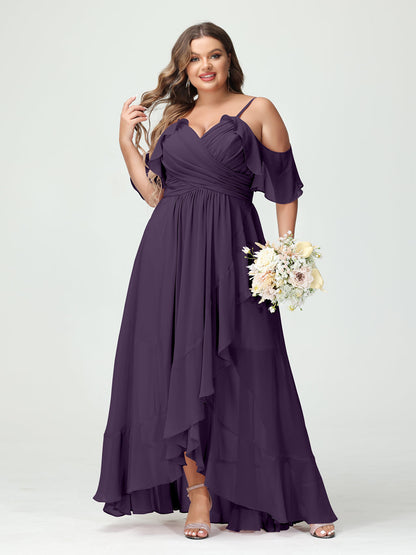 A-Linie/Princess-Linie Spaghettiträger V-Ausschnitt Kurze Ärmel Chiffon Rüschen Asymmetrisch Brautjungfernkleider In Übergröße