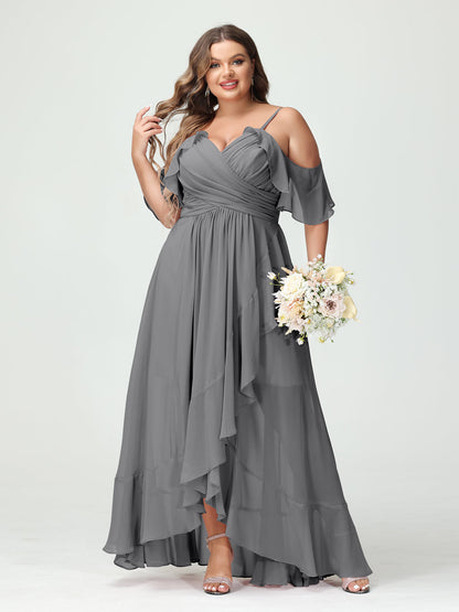 A-Linie/Princess-Linie Spaghettiträger V-Ausschnitt Kurze Ärmel Chiffon Rüschen Asymmetrisch Brautjungfernkleider In Übergröße