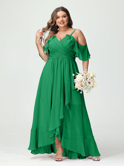A-Linie/Princess-Linie Spaghettiträger V-Ausschnitt Kurze Ärmel Chiffon Rüschen Asymmetrisch Brautjungfernkleider In Übergröße