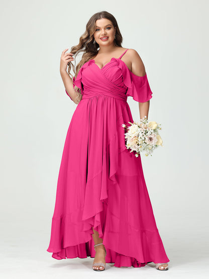 A-Linie/Princess-Linie Spaghettiträger V-Ausschnitt Kurze Ärmel Chiffon Rüschen Asymmetrisch Brautjungfernkleider In Übergröße