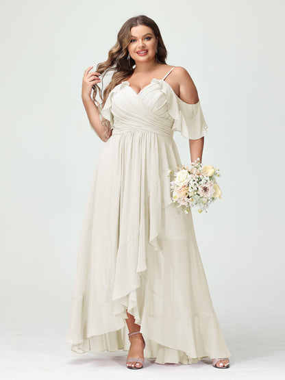 A-Linie/Princess-Linie Spaghettiträger V-Ausschnitt Kurze Ärmel Chiffon Rüschen Asymmetrisch Brautjungfernkleider In Übergröße