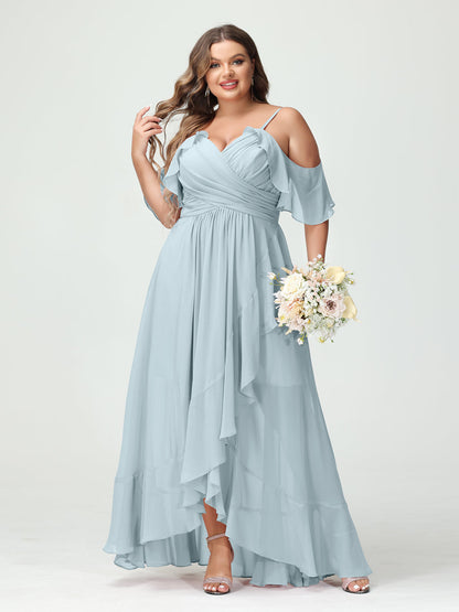 A-Linie/Princess-Linie Spaghettiträger V-Ausschnitt Kurze Ärmel Chiffon Rüschen Asymmetrisch Brautjungfernkleider In Übergröße