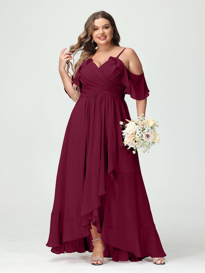 A-Linie/Princess-Linie Spaghettiträger V-Ausschnitt Kurze Ärmel Chiffon Rüschen Asymmetrisch Brautjungfernkleider In Übergröße
