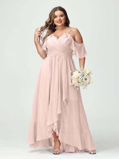 A-Linie/Princess-Linie Spaghettiträger V-Ausschnitt Kurze Ärmel Chiffon Rüschen Asymmetrisch Brautjungfernkleider In Übergröße
