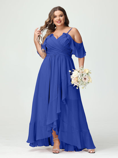 A-Linie/Princess-Linie Spaghettiträger V-Ausschnitt Kurze Ärmel Chiffon Rüschen Asymmetrisch Brautjungfernkleider In Übergröße