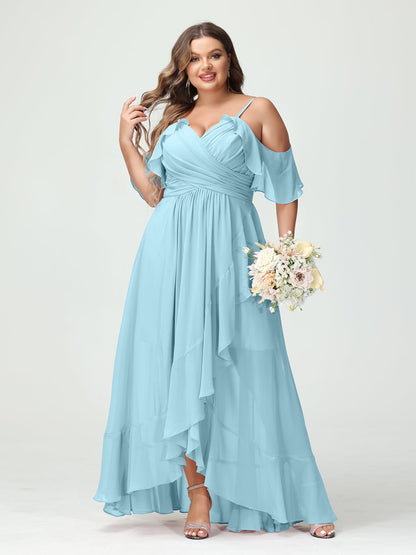 A-Linie/Princess-Linie Spaghettiträger V-Ausschnitt Kurze Ärmel Chiffon Rüschen Asymmetrisch Brautjungfernkleider In Übergröße