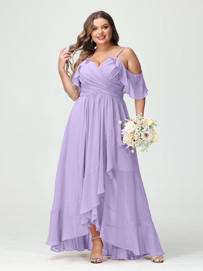 A-Linie/Princess-Linie Spaghettiträger V-Ausschnitt Kurze Ärmel Chiffon Rüschen Asymmetrisch Brautjungfernkleider In Übergröße