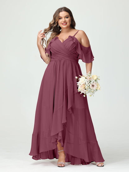A-Linie/Princess-Linie Spaghettiträger V-Ausschnitt Kurze Ärmel Chiffon Rüschen Asymmetrisch Brautjungfernkleider In Übergröße