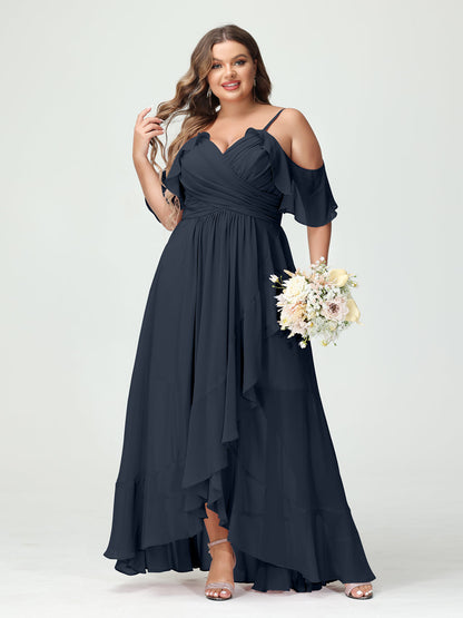 A-Linie/Princess-Linie Spaghettiträger V-Ausschnitt Kurze Ärmel Chiffon Rüschen Asymmetrisch Brautjungfernkleider In Übergröße
