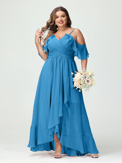 A-Linie/Princess-Linie Spaghettiträger V-Ausschnitt Kurze Ärmel Chiffon Rüschen Asymmetrisch Brautjungfernkleider In Übergröße