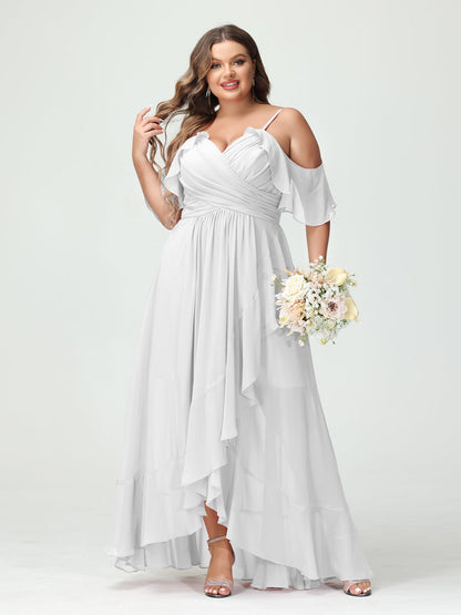 A-Linie/Princess-Linie Spaghettiträger V-Ausschnitt Kurze Ärmel Chiffon Rüschen Asymmetrisch Brautjungfernkleider In Übergröße