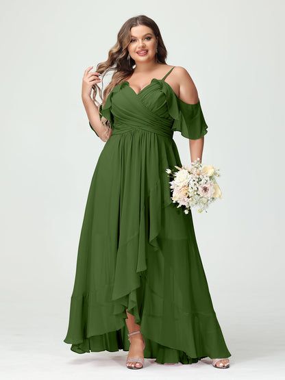 A-Linie/Princess-Linie Spaghettiträger V-Ausschnitt Kurze Ärmel Chiffon Rüschen Asymmetrisch Brautjungfernkleider In Übergröße