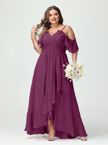 A-Linie/Princess-Linie Spaghettiträger V-Ausschnitt Kurze Ärmel Chiffon Rüschen Asymmetrisch Brautjungfernkleider In Übergröße