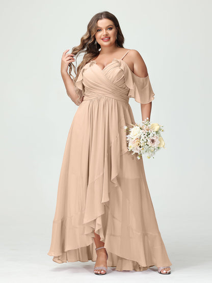 A-Linie/Princess-Linie Spaghettiträger V-Ausschnitt Kurze Ärmel Chiffon Rüschen Asymmetrisch Brautjungfernkleider In Übergröße