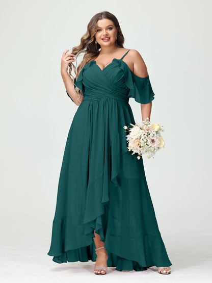 A-Linie/Princess-Linie Spaghettiträger V-Ausschnitt Kurze Ärmel Chiffon Rüschen Asymmetrisch Brautjungfernkleider In Übergröße