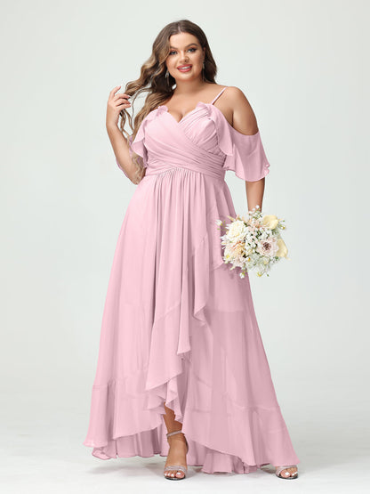 A-Linie/Princess-Linie Spaghettiträger V-Ausschnitt Kurze Ärmel Chiffon Rüschen Asymmetrisch Brautjungfernkleider In Übergröße