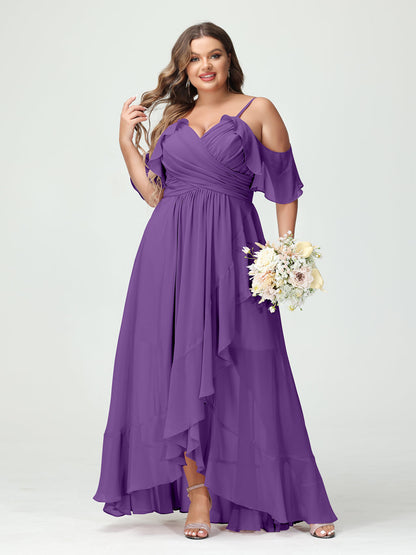 A-Linie/Princess-Linie Spaghettiträger V-Ausschnitt Kurze Ärmel Chiffon Rüschen Asymmetrisch Brautjungfernkleider In Übergröße