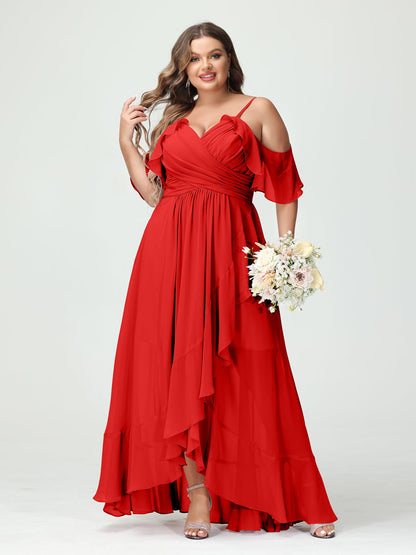 A-Linie/Princess-Linie Spaghettiträger V-Ausschnitt Kurze Ärmel Chiffon Rüschen Asymmetrisch Brautjungfernkleider In Übergröße