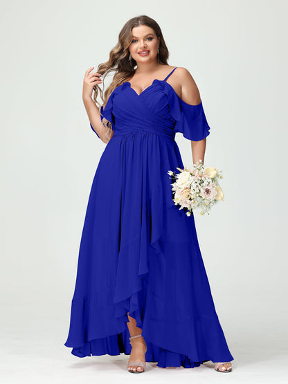 A-Linie/Princess-Linie Spaghettiträger V-Ausschnitt Kurze Ärmel Chiffon Rüschen Asymmetrisch Brautjungfernkleider In Übergröße