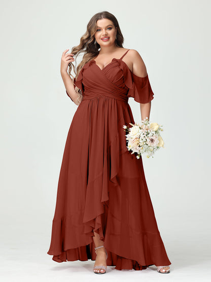 A-Linie/Princess-Linie Spaghettiträger V-Ausschnitt Kurze Ärmel Chiffon Rüschen Asymmetrisch Brautjungfernkleider In Übergröße