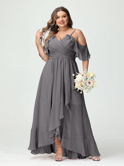 A-Linie/Princess-Linie Spaghettiträger V-Ausschnitt Kurze Ärmel Chiffon Rüschen Asymmetrisch Brautjungfernkleider In Übergröße