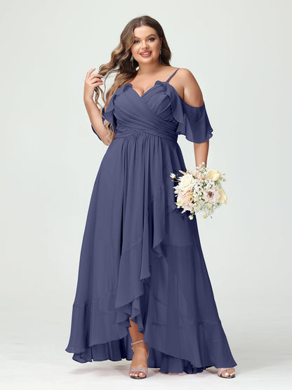 A-Linie/Princess-Linie Spaghettiträger V-Ausschnitt Kurze Ärmel Chiffon Rüschen Asymmetrisch Brautjungfernkleider In Übergröße