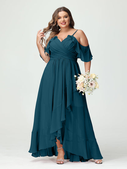 A-Linie/Princess-Linie Spaghettiträger V-Ausschnitt Kurze Ärmel Chiffon Rüschen Asymmetrisch Brautjungfernkleider In Übergröße
