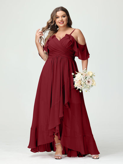 A-Linie/Princess-Linie Spaghettiträger V-Ausschnitt Kurze Ärmel Chiffon Rüschen Asymmetrisch Brautjungfernkleider In Übergröße