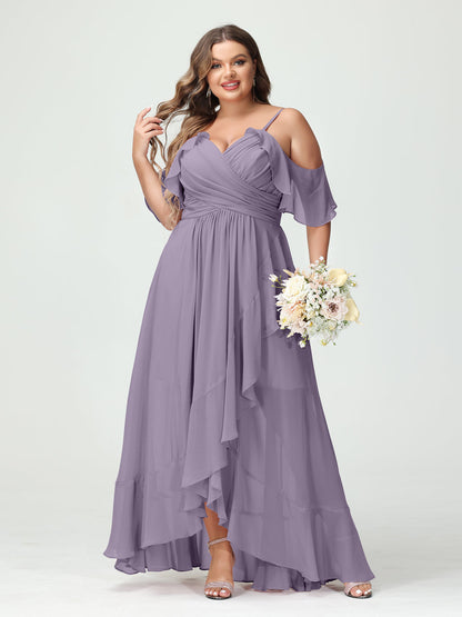 A-Linie/Princess-Linie Spaghettiträger V-Ausschnitt Kurze Ärmel Chiffon Rüschen Asymmetrisch Brautjungfernkleider In Übergröße