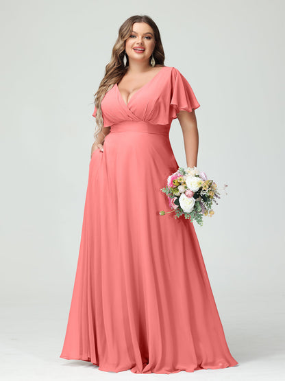 A-Linie/Prinzessin V-Ausschnitt Kurze Ärmel Chiffon Übergröße Brautjungfernkleider mit Taschen
