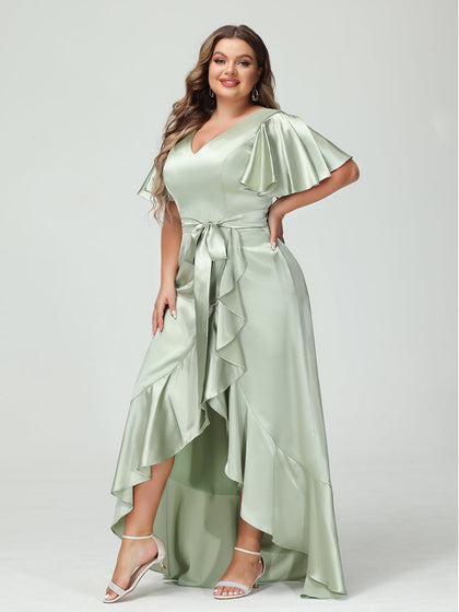 Etui-/Säulen-Kleid mit V-Ausschnitt Kurzen Ärmeln Rüschen Asymmetrischen Kleidern In Übergröße Taschen Und Schärpe