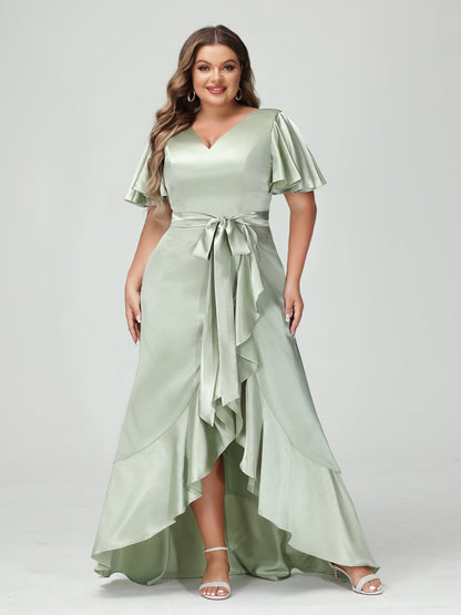 Etui-/Säulen-Kleid mit V-Ausschnitt Kurzen Ärmeln Rüschen Asymmetrischen Kleidern In Übergröße Taschen Und Schärpe