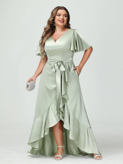 Etui-/Säulen-Kleid mit V-Ausschnitt Kurzen Ärmeln Rüschen Asymmetrischen Kleidern In Übergröße Taschen Und Schärpe