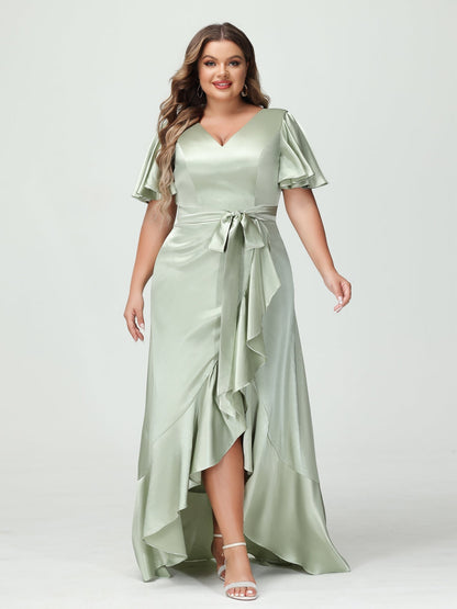 Etui-/Säulen-Kleid mit V-Ausschnitt Kurzen Ärmeln Rüschen Asymmetrischen Kleidern In Übergröße Taschen Und Schärpe