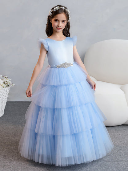 Ballkleid-/Prinzessin-Blumenmädchenkleider aus Tüll mit Abgestuften Falten Und Strasssteinen