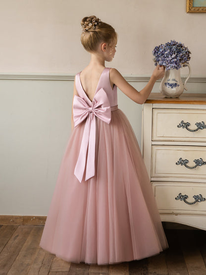 Ärmelloses Blumenmädchenkleid aus Tüll mit V-Ausschnitt Und Satinschleife