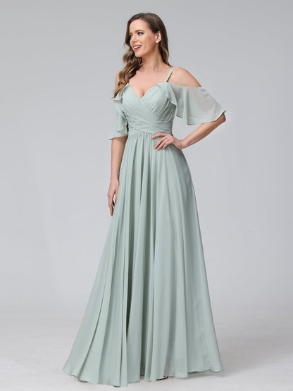 Lange Brautjungfernkleider aus Chiffon mit A-Linie V-Ausschnitt Seitlichen Schlitzen Und Spaghettiträgern