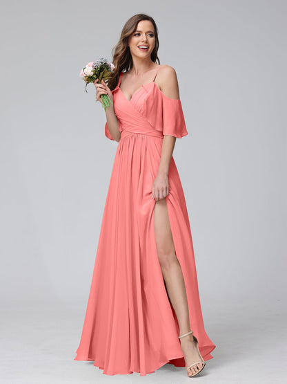 Lange Brautjungfernkleider aus Chiffon mit A-Linie V-Ausschnitt Seitlichen Schlitzen Und Spaghettiträgern