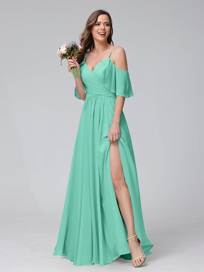 Lange Brautjungfernkleider aus Chiffon mit A-Linie V-Ausschnitt Seitlichen Schlitzen Und Spaghettiträgern