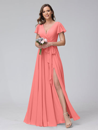 A-Linie V-Ausschnitt Kurze Ärmel Lange Chiffon-Brautjungfernkleider mit Seitlichem Schlitz