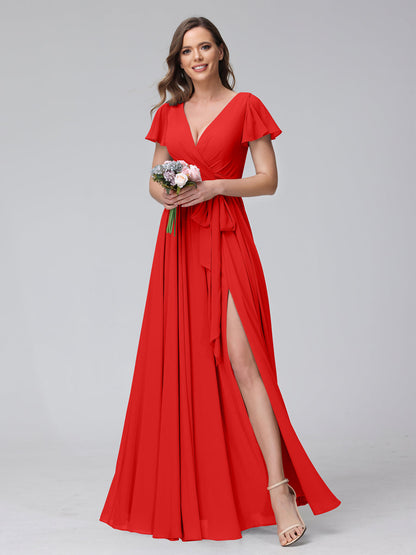 A-Linie V-Ausschnitt Kurze Ärmel Lange Chiffon-Brautjungfernkleider mit Seitlichem Schlitz