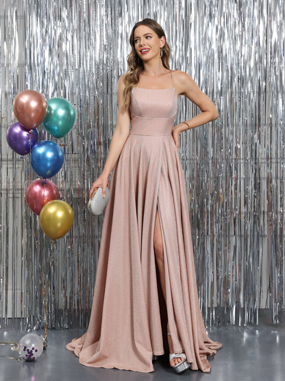 A-Linie Ärmelloses Langes Ballkleid aus Metallic-Lurex mit Spaghettiträgern