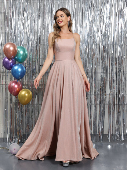 A-Linie Ärmelloses Langes Ballkleid aus Metallic-Lurex mit Spaghettiträgern