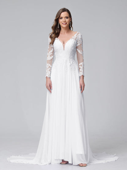 A-Linie V-Ausschnitt Lange Ärmel Lange Chiffon-Brautkleider mit Spitzenapplikation