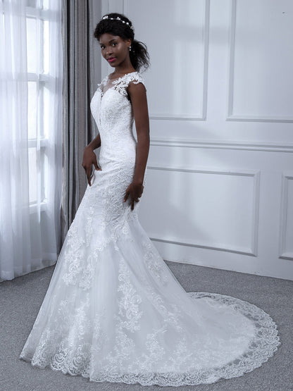 Ärmelloses Meerjungfrau-Brautkleid aus Tüll mit Transparentem Ausschnitt Und Applikationen