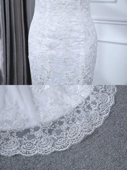 Ärmelloses Meerjungfrau-Brautkleid aus Tüll mit Transparentem Ausschnitt Und Applikationen